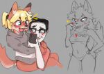  anthro blonde_hair blue_eyes blush breasts canid canine chudjak clothed clothing cute_fangs digital_media_(artwork) duo eyewear female fox fur glasses hair happy human lil_sorrow male mammal on_lap open_mouth phone ponytail red_body red_fur ring sitting_on_lap smile text tongue tongue_out topwear white_body white_skin 