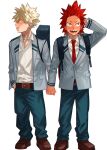  2boys backpack bag bakugou_katsuki blonde_hair blush boku_no_hero_academia brown_footwear clenched_teeth embarrassed grey_jacket hand_in_pocket highres holding_hands jacket kirishima_eijirou loafers long_sleeves mirin_(coene65) multiple_boys necktie red_eyes red_necktie sharp_teeth shirt shoes short_hair simple_background spiked_hair sweatdrop teeth white_background white_shirt yaoi 