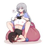  ! 2girls artist_name bean_bag_chair black_hair blue_eyes blue_nightgown chumi controller eye_mask game_controller gradient_hair grey_hair highres leg_lock long_hair multicolored_hair multiple_girls nightgown pajamas pink_pajamas red_hair ruby_rose rwby scar scar_across_eye short_hair sleeping sleeping_on_person slippers spread_legs upside-down weiss_schnee white_background 