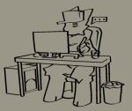  2023 anthro bottomless chair clothed clothing computer computer_mouse container cup drawing_tablet ellipsis featureless_crotch fur furniture glass glass_container glass_cup hat headgear headwear holding_stylus hooves karma_(probablydemo) mammal monitor monochrome on_chair probablydemo sitting sitting_on_chair speech_bubble stylus sweater table topwear trash_can unknown_species yellow_and_black 