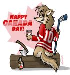  anthro axe bottle bottomless canid canine canis clothed clothing container coyote evelyn_jones hockey_stick keenfox log mammal solo wood 