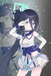  1girl absurdly_long_hair absurdres aris_(blue_archive) black_hair blue_archive blue_eyes bow bow_choker choker commentary_request concert detached_sleeves dress frilled_skirt frills hair_between_eyes hair_bow hair_ribbon halo hand_on_own_hip highres hrna idol long_hair long_sleeves looking_at_viewer official_alternate_costume pleated_skirt ponytail ribbon ribbon_choker side_ponytail sidelocks skirt smile solo standing v very_long_hair white_dress zoom_layer 