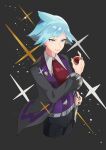  1boy arutarika_(ri_kaoekaki) belt belt_buckle black_pants buckle closed_mouth collared_shirt commentary_request green_hair grey_eyes hand_up highres holding holding_poke_ball jacket jewelry long_sleeves male_focus necktie open_clothes open_jacket pants poke_ball poke_ball_(basic) pokemon pokemon_(game) pokemon_oras red_necktie ring shirt short_hair smile solo steven_stone vest white_shirt 