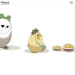  bird blue_bag bowl corn diva_(hyxpk) duck duckling english_commentary frog_headband highres no_humans numbered original owl page_number simple_background sweat sweating_profusely white_background 