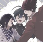  3boys ahoge anger_vein angry black_hair blush brown_jacket buttons checkered_clothes checkered_scarf danganronpa_(series) danganronpa_v3:_killing_harmony double-breasted eye_contact facial_hair goatee hair_between_eyes jacket liliy1191 long_sleeves looking_at_another male_focus medium_hair momota_kaito multiple_boys open_mouth ouma_kokichi purple_eyes saihara_shuuichi scarf shirt short_hair spiked_hair striped striped_jacket teeth upper_body white_jacket 