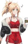  1girl artoria_pendragon_(fate) bare_shoulders blonde_hair blush braid breasts choker collarbone cup earrings fang fate/apocrypha fate/grand_order fate_(series) french_braid green_eyes hair_ornament hair_scrunchie high-waist_shorts highres holding holding_cup jacket jewelry long_hair medium_breasts mordred_(fate) mordred_(fate/apocrypha) o-ring o-ring_choker ponytail red_scrunchie scrunchie shirt shorts sidelocks sleeveless sleeveless_shirt smile solo tonee white_background 