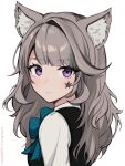  1girl alternate_hairstyle animal_ear_fluff animal_ears black_vest blunt_bangs cat_ears commentary facial_mark genshin_impact grey_hair highres long_hair looking_at_viewer lynette_(genshin_impact) purple_eyes shirt solo star_(symbol) vest vickie_(cryingrobot) white_shirt 