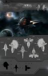  3d absurdres amarr_empire_(eve_online) asteroid battleship_(eve_online) beam_cannon boulder cannon commentary concept_art emblem energy_cannon english_text eve_online flying from_side glowing highres laser_cannon military_vehicle multiple_views nebula no_humans original outdoors pirate_faction_(eve_online) planet plumsbuggy realistic reference_sheet rock sansha&#039;s_nation_(eve_online) science_fiction sky space spacecraft spikes star_(sky) starry_sky thrusters turret vehicle_focus 