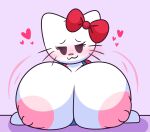  &lt;3 accessory anthro aroused big_breasts big_nipples blue_clothing blush bow_ribbon breasts clothing exposed_breasts felid feline female gravtitty hair_accessory hair_bow hair_ribbon hello_kitty_(character) hello_kitty_(series) hi_res huge_breasts huge_nipples looking_at_viewer mammal nipples overalls red_clothing ribbons sanrio solo white_body 