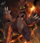  2023 4_fingers absurd_res anthro artist_name bikini bikini_top black_bikini black_bikini_top black_clothing black_sclera black_swimwear black_topwear blulesnsfw bottomless breasts brown_body brown_scales claws clothed clothing collar digital_media_(artwork) fakemon female fingers fusion generation_3_pokemon generation_4_pokemon genitals glowing glowing_eyes groudon hi_res hybrid lava legendary_pokemon looking_at_viewer lopunny navel nintendo open_mouth outside pokemon pokemon_(species) pokemon_fusion pussy scales sharp_teeth small_breasts solo spiked_collar spikes spikes_(anatomy) swimwear tan_body tan_skin teeth topwear volcano yellow_eyes 