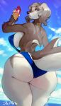  anthro big_breasts big_butt breasts butt canid canine clothing dessert female fish food fur hi_res huge_butt hybrid ice_cream juliathedragoncat looking_back mammal marine multicolored_body multicolored_fur shark solo swimwear thick_thighs two_tone_body two_tone_fur 