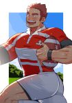  1boy :d ass ball bara blush brown_hair facial_hair feet_out_of_frame from_side goatee highres kimi6666 large_pectorals looking_at_viewer male_focus muscular muscular_male pectorals rugby rugby_ball rugby_uniform running sanpaku scar scar_on_cheek scar_on_face shirt short_hair short_shorts shorts smile solo sparkling_sweat sportswear stubble sweat tamamura_gunzo tareme thick_eyebrows tight_clothes tight_shirt tokyo_afterschool_summoners very_sweaty 