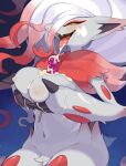  anthro blush bodily_fluids breasts claws cum female finger_claws food fur genital_fluids hi_res hisuian_form hisuian_zoroark kame_3 nintendo nipples open_mouth pokemon pokemon_(species) popsicle regional_form_(pokemon) solo tongue tongue_out white_body white_fur 