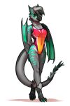  2023 2:3 absurd_res anthro beak breasts capcom clothing collarbone eyebrows eyelashes female flying_wyvern green_stripes grey_body hi_res inner_ear_fluff looking_at_viewer monster_hunter mykegreywolf nargacuga navel_outline one-piece_swimsuit solo stripes swimwear tuft winged_arms wings 