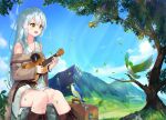  1girl absurdres bird black_skirt blush briefcase brown_cloak brown_footwear cloak dress english_text fold-over_boots grey_hair highres holding holding_instrument instrument long_hair long_sleeves mole mole_under_eye mountain music open_mouth original outdoors playing_instrument short_dress sitting sitting_on_rock skirt sleeveless sleeveless_dress smile solo traveler_(artbbt) tree ukulele white_dress yellow_eyes 