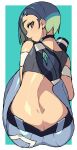  1girl ass back bare_shoulders black_choker black_shirt black_sports_bra blue_hair bob_cut brown_eyes butt_crack camera choker crop_top denim grey_shirt grey_sports_bra highres holding holding_camera itsumo_nokoru jeans loose_hair_strand midriff pants perrin_(pokemon) pokemon pokemon_(game) pokemon_sv ribbed_shirt shirt sitting sleeveless sleeveless_shirt solo sports_bra undershirt 