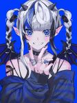  1girl absurdres bare_shoulders bat_wings black_collar black_hair black_horns black_nails black_wings blue_background blue_eyes blue_hair braid collar commentary demon_girl demon_horns demon_wings ear_piercing fingernails grin hand_up highres horns jewelry long_hair long_sleeves looking_at_viewer multicolored_hair multiple_rings nail_polish off_shoulder original piercing pointy_ears ring sharp_fingernails shiun_(siun_5513) shoulder_tattoo simple_background sleeves_past_wrists smile solo spaghetti_strap spiked_collar spikes straight-on streaked_hair symbol-only_commentary tattoo twin_braids upper_body white_hair wings 