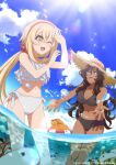  :d alissa_(dekoboko_majo_no_oyako_jijou) beach bikini black_bikini blonde_hair blue_eyes breasts brown_hair cleavage cloud copyright copyright_name day dekoboko_majo_no_oyako_jijou fang frills hair_between_eyes hairband highres large_breasts long_hair ocean official_art red_hairband side-tie_bikini_bottom sky smile splashing swimsuit viola_(dekoboko_majo_no_oyako_jijou) water white_bikini yellow_eyes 