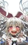  1girl absurdres alice_(alice_in_wonderland) alice_(alice_in_wonderland)_(cosplay) alice_in_wonderland animal_ears arisugawa_bii bandaged_fingers bandages bandaid bandaid_on_face barcode barcode_tattoo black_bow black_bowtie black_choker blush bow bowtie choker chromatic_aberration commentary_request cosplay cross-shaped_pupils fake_animal_ears film_grain floating_hair grey_hair hands_up highres long_hair looking_at_viewer mismatched_pupils open_mouth original portrait rabbit_ears red_eyes simple_background solo symbol-shaped_pupils tattoo teeth very_long_hair white_background 
