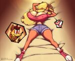  &lt;3 &lt;3_eyes activision anthro bandicoot bed big_breasts blonde_hair bottomwear breasts cleavage clothed clothing crash_bandicoot crash_bandicoot_(series) curvy_figure cutoffs deep_cleavage denim denim_bottomwear denim_clothing duo female furniture hair hi_res huge_breasts lying male mammal marsupial nipple_outline nipples on_back on_bed shirt shorts small_waist t-shirt tail-blazer tawna_bandicoot thick_thighs tight_clothing topwear voluptuous wide_hips 