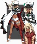  1girl absurdres asymmetrical_legwear bandaged_arm bandaged_hand bandaged_leg bandages barefoot blonde_hair breasts cloak clover clover_ornament dark-skinned_female dark_skin english_commentary four-leaf_clover guilty_gear guilty_gear_strive hair_between_eyes hat hat_ornament highres kekel long_hair looking_at_viewer lucifero_(guilty_gear) medium_hair midriff multiple_views navel ponytail ramlethal_valentine scarf shaded_face short_shorts shorts sweater thigh_strap toes white_headwear white_shorts yellow_eyes 
