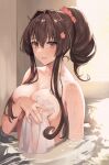  1girl alternate_hairstyle bathing breast_press breasts brown_eyes brown_hair cherry_blossoms commentary_request covering covering_breasts flower hair_between_eyes hair_flower hair_ornament hair_up high_ponytail highres holding holding_towel kantai_collection kasumi_(skchkko) large_breasts long_hair looking_at_viewer nude_cover open_mouth partially_submerged sidelocks smile solo towel wet yamato_(kancolle) 