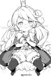  1girl bloomers blush charlotta_(granblue_fantasy) closed_mouth crown dress ear_blush granblue_fantasy greyscale harvin jingai_modoki long_hair looking_at_viewer monochrome pointy_ears solo thighhighs twitter_username underwear 