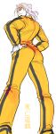  1boy ass bruce_lee&#039;s_jumpsuit color_connection dio_brando from_behind from_below game_of_death hands_on_own_hips jojo_no_kimyou_na_bouken jumpsuit male_focus merumeru626 solo stardust_crusaders translated yellow_jumpsuit 