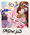  2023 absurd_res anthro bat bisexual_pride_colors canid canine clothed clothing dragon english_text eyelashes fangs female group hi_res lgbt_pride looking_at_viewer mammal misha_(twistedlilheart) pansexual_pride_colors polaroid_photo pride_colors procyonid raccoon raccoon_dog sapphire_(twistedlilheart) serina_(twistedlilheart) tanuki teeth text trans_(lore) trans_woman_(lore) transgender_pride_colors trio twistedlilheart 