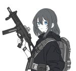  1girl backpack bag blue_eyes borrowed_character closed_mouth commentary english_commentary gun hair_between_eyes holding holding_gun holding_weapon jacket long_sleeves looking_at_viewer monochrome original pixcy_(pixcy5) simple_background smile solo upper_body watch weapon weapon_request white_background wristwatch 