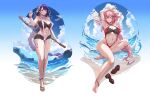  2girls animal_ears armpits arms_behind_head arms_up bare_shoulders barefoot beach bikini black_bikini blue_sky blush braid braided_ponytail breasts cleavage earrings flower folding_fan fox_ears full_body genshin_impact hair_flower hair_ornament hand_fan highres jewelry large_breasts long_hair looking_at_viewer mole mole_under_eye multiple_girls navel oil-paper_umbrella one-piece_swimsuit pink_hair purple_eyes purple_hair purple_one-piece_swimsuit raiden_shogun red_one-piece_swimsuit sandals shore sidelocks sky slingshot_swimsuit smile swimsuit tinnies umbrella very_long_hair yae_miko 