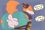  2023 anthro anus backsack balls biped bottomwear butt canid canine clothing dialogue digital_media_(artwork) epic_games exclamation_point fennix_(fortnite) fortnite fox genitals hi_res looking_back male mammal pants perineum rear_view simple_background solo speech_bubble thick_thighs topwear torn_bottomwear torn_clothing torn_pants unattendedmilk_(artist) wardrobe_malfunction wide_hips 