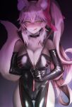  1girl animal_ear_fluff animal_ears arm_behind_back black_bodysuit blush bodysuit bow breasts center_opening choker cleavage e_nayuta fate/grand_order fate_(series) fox_ears fox_girl fox_tail glasses hair_between_eyes hair_bow highres hip_vent koyanskaya_(assassin)_(first_ascension)_(fate) koyanskaya_(fate) large_breasts licking_lips long_hair looking_at_viewer pink_bow pink_hair ponytail sidelocks smile solo tail tamamo_(fate) thighs tongue tongue_out yellow_eyes 