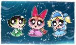  3girls black_hair blonde_hair blossom_(ppg) blue_dress blue_eyes blue_headwear braid bubbles_(ppg) buttercup_(ppg) commentary danishi dress flower frilled_dress frills green_dress green_eyes hair_flower hair_ornament hat multiple_girls open_mouth orange_hair pink_dress pink_eyes powerpuff_girls single_braid smile twintails 