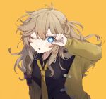  +_+ 1girl black_shirt blonde_hair blue_eyes blue_nails breasts cardigan commentary_request finger_to_eye gyaru hand_up highres jewelry kasukabe_tsumugi long_hair long_sleeves looking_at_viewer loose_necktie medium_breasts messy_hair mole mole_under_eye necktie one_eye_closed one_side_up open_cardigan open_clothes open_mouth orange_background pendant popped_collar purple_armband sayonaka_megumo shirt simple_background solo upper_body v-shaped_eyebrows voicevox yellow_cardigan yellow_necktie 