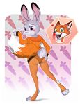  &lt;3 &lt;3_eyes absurd_res animal_costume anthro blood bodily_fluids butt canid canine cheek_tuft claws clothing costume dipstick_ears disney embarrassed facial_tuft female fluffy fluffy_tail fox green_eyes hand_on_butt hi_res inner_ear_fluff judy_hopps lagomorph legwear leporid male male/female mammal multicolored_ears nick_wilde nosebleed open_mouth pantyhose pattern_background paws presenting purple_eyes rabbit simple_background solo submissive submissive_female surprised_expression tail toe_claws tongue tongue_out translucent translucent_clothing tuft unolvidadomas zootopia 