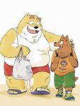  2023 anthro belly big_belly black_nose bottomwear brown_body canid canine canis clothing domestic_dog duo footwear hi_res kemono male mammal overweight overweight_male pommn_mn sandals shirt shorts topwear walking 
