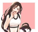 1girl bare_arms bare_shoulders black_hair black_sports_bra border breasts brown_hair collarbone commentary_request crop_top earrings final_fantasy final_fantasy_vii final_fantasy_vii_remake hand_up jewelry kt9_ct large_breasts light_blush long_hair looking_at_viewer low-tied_long_hair midriff open_hand open_mouth outside_border partial_commentary red_eyes single_earring smile solo sports_bra suspenders swept_bangs tank_top teardrop_earrings teeth tifa_lockhart upper_body upper_teeth_only very_long_hair white_border white_tank_top 