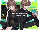  2boys :d aemono_(lemolemo_lmn) ahoge black_jacket black_necktie black_pants blush brown_eyes brown_hair danganronpa:_trigger_happy_havoc danganronpa_(series) danganronpa_3_(anime) dated dual_persona formal green_hoodie happy_birthday highres hood hoodie jacket looking_at_viewer multicolored_background multiple_boys naegi_makoto necktie official_alternate_costume open_clothes open_jacket open_mouth pants shoes short_hair smile 