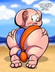  absurd_res anthro beach big_butt blush bulge butt clothing detailed_bulge dialogue domestic_pig embarrassed hand_on_butt hi_res looking_back male mammal multicolored_clothing oolong_(dragon_ball) outside panties pig_nose sea seaside solo suid suina sus_(pig) tepigfan101 underwear water 