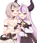  2girls ahoge ascot bare_shoulders belt black_collar black_horns braid braided_bangs breasts camisole collar fingerless_gloves frilled_camisole frills gloves grey_hair hair_ornament heart_collar heart_pendant highres hololive horns la+_darknesss large_breasts ma_draws multicolored_hair multiple_girls pointy_ears purple_hair sakamata_chloe sakamata_chloe_(1st_costume) streaked_hair striped_horns virtual_youtuber white_camisole x_hair_ornament yellow_ascot yellow_eyes 