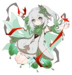  1girl bare_shoulders breasts cape closed_mouth clover-shaped_pupils detached_sleeves dress floating full_body genshin_impact gradient_hair green_cape green_eyes green_hair green_sleeves hair_between_eyes hair_ornament highres leaf_hair_ornament long_hair looking_at_viewer multicolored_hair nahida_(genshin_impact) outstretched_arms pokashi red_ribbon ribbon side_ponytail small_breasts smile solo toeless_footwear white_background white_dress white_hair 