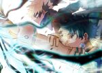  2boys bakugou_katsuki black_mask black_whip_(boku_no_hero_academia) blonde_hair bloom blurry blurry_foreground bodysuit boku_no_hero_academia bright_pupils chromatic_aberration clenched_hand electricity eye_mask film_grain flying freckles from_side gloves green_bodysuit green_eyes green_hair hand_on_own_arm hands_up headgear high_collar highres looking_ahead male_focus midair midoriya_izuku multiple_boys outstretched_arm outstretched_arms parted_lips profile red_eyes sanpaku serious short_hair simple_background single_horizontal_stripe spiked_hair tentacles uni_ssansyo upper_body white_background white_gloves white_pupils 