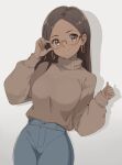  1girl adjusting_eyewear breasts brown_eyes brown_hair brown_sweater chocomiru dark-skinned_female dark_skin denim earrings english_commentary glasses gold_earrings highres hoop_earrings jeans jewelry long_hair looking_at_viewer medium_breasts original pants smile solo sweater 