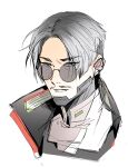  1boy absurdres apex_legends black_jacket crypto_(apex_legends) facial_hair grey_eyes grey_hair highres jacket looking_at_viewer male_focus mustache official_alternate_costume parted_lips portrait round_eyewear shirt sketch solo song_tan_shui sunglasses white_background white_shirt 