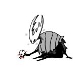  1girl 1other :t aged_down arthropod_girl black_eyes black_skin blank_eyes blush blush_stickers chewing chibi child cloak closed_mouth colored_skin commentary finger_in_another&#039;s_mouth full_body grey_cloak heart hollow_knight hollow_knight_(character) hornet_(hollow_knight) leaning_forward looking_at_another red_cloak sakana_2-gou simple_background sitting size_difference solid_circle_eyes standing white_background 