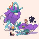  !? 1boy 1girl ? bangs bike_shorts brown_hair cape closed_mouth flipped_hair green_hair hat haunter highres jacket long_hair misdreavus natu open_mouth orange_eyes pokemon pokemon_(creature) pokemon_(game) pokemon_gsc purple_jacket red_shirt shirt shoes sleeping suicune sweatdrop twintails tyako_089 walking_wake white_cape white_footwear white_jacket yellow_headwear zzz 