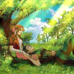  1boy 1girl aerith_gainsborough armor baggy_pants bangle black_hair blue_sky bracelet braid braided_ponytail brown_hair cloud cloudy_sky commentary couple crisis_core_final_fantasy_vii dappled_sunlight dress feet_out_of_frame final_fantasy final_fantasy_vii final_fantasy_vii_remake from_side grass hair_ribbon highres holding_hands jacket jewelry lap_pillow light_rays long_hair lying on_back outdoors pants parted_bangs parted_lips pink_dress pink_ribbon profile red_jacket ribbon short_sleeves shoulder_armor sidelocks sitting sky sleeveless sleeveless_turtleneck smile sunlight sweater symbol-only_commentary tree turtleneck turtleneck_sweater ymr18 zack_fair 