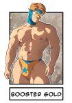  1boy abs bara blonde_hair booster_gold bulge character_name dc_comics dkmate large_pectorals male_focus male_underwear mask muscular muscular_male navel nipples orange_male_underwear pectorals short_hair smile solo thick_thighs thighs underwear 