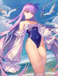  1girl absurdres blue_eyes blue_one-piece_swimsuit blue_sky cloud covered_navel day detached_sleeves fate/extra fate/extra_ccc fate/grand_order fate_(series) feet_out_of_frame frilled_one-piece_swimsuit frills hair_ribbon highleg highleg_swimsuit highres horizon jiajiayu long_hair long_sleeves meltryllis_(fate) meltryllis_(swimsuit_lancer)_(fate) meltryllis_(swimsuit_lancer)_(second_ascension)_(fate) ocean off-shoulder_one-piece_swimsuit off_shoulder one-piece_swimsuit outdoors purple_hair ribbon sky solo standing swimsuit 
